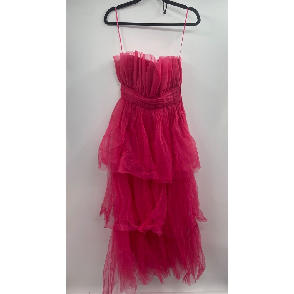 NWT Lace & Beads Bandeau Tulle Maxi Dress Women's 8 Bright Pink Fitted Waist‎